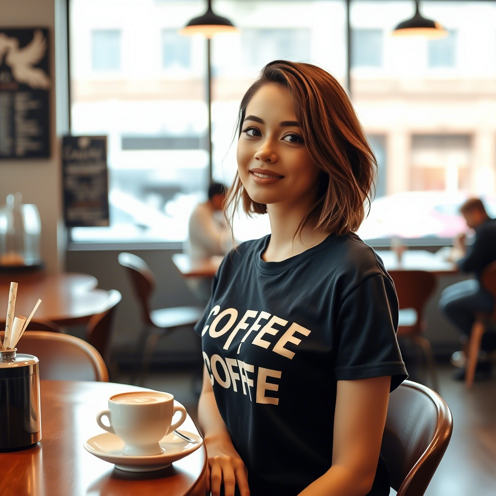 Cute female model wearing a stylish t-shirt, sitting in a cozy coffee shop