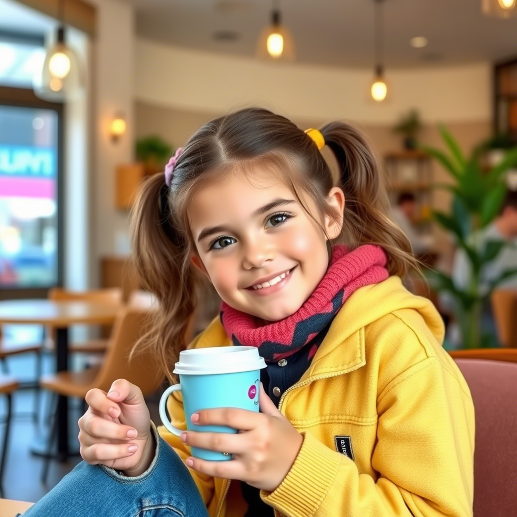 Cute girl in colorful casual wear sitting in a cozy coffee shop