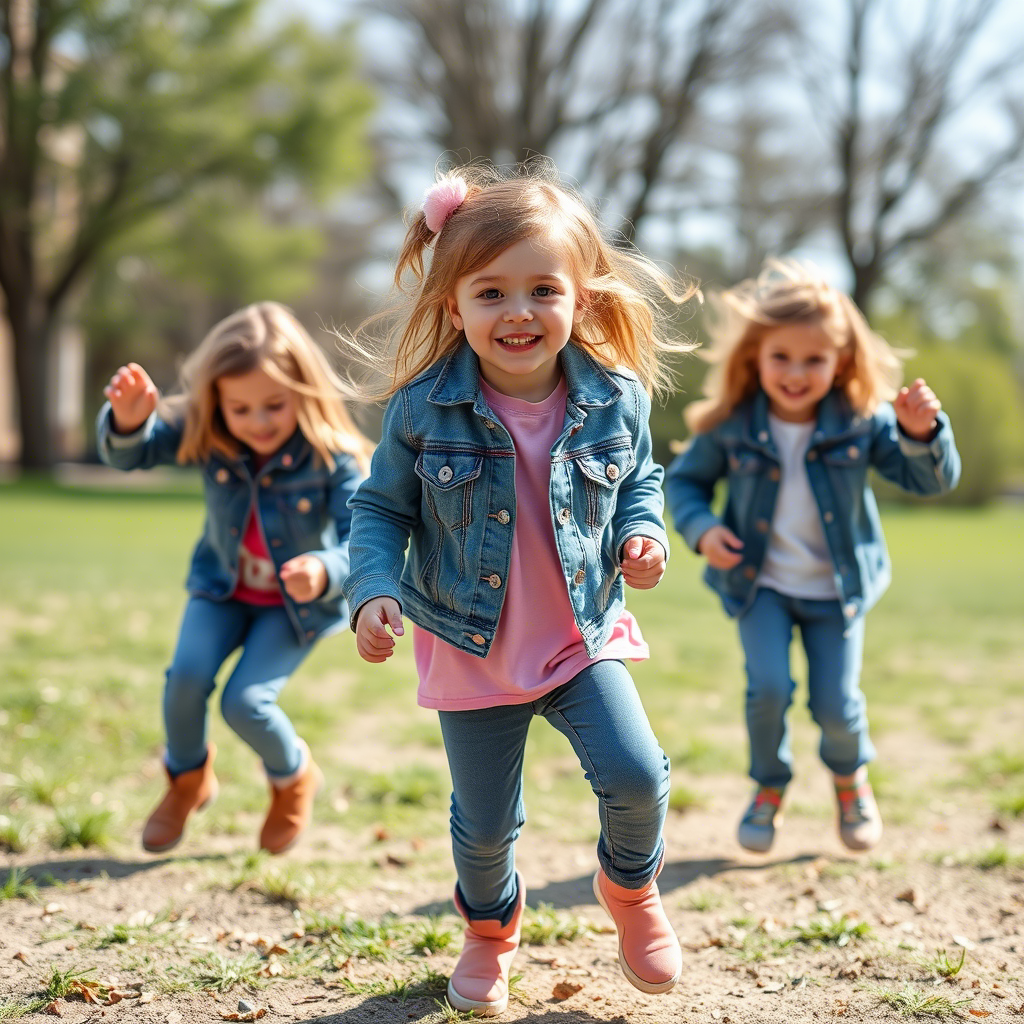 Cute girl in fashionable denim jacket and jeans, playing with friends.