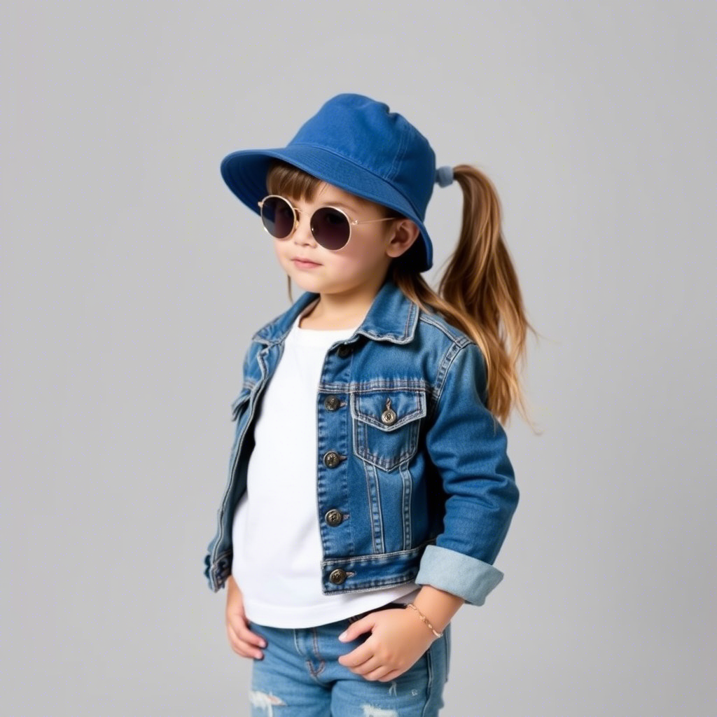 Cute girl in stylish kids' denim jacket and jeans combo