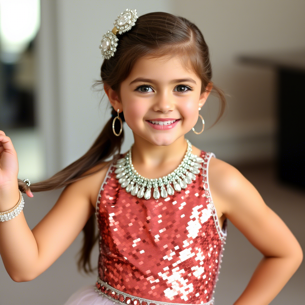 Cute girl modeling stylish sequin dress with glittering accessories
