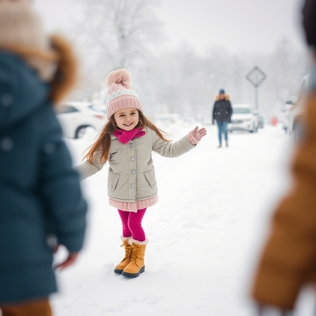 Cute girl with Lezonkids boots having fun in snowy winter wonderland