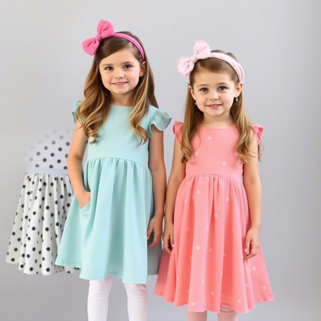 Cute girls in assorted dresses and leggings for wholesale fashion catalog