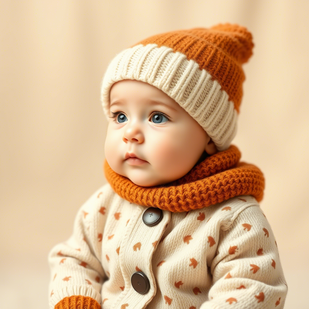 Cute infant in trendy January 2025 outfit, soft focus background