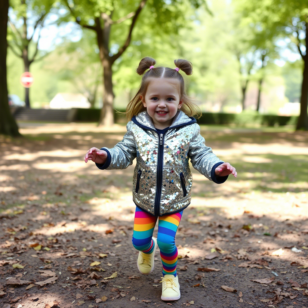 Cute kid girl in a glittering sequined jacket and colorful leggings playing in a park