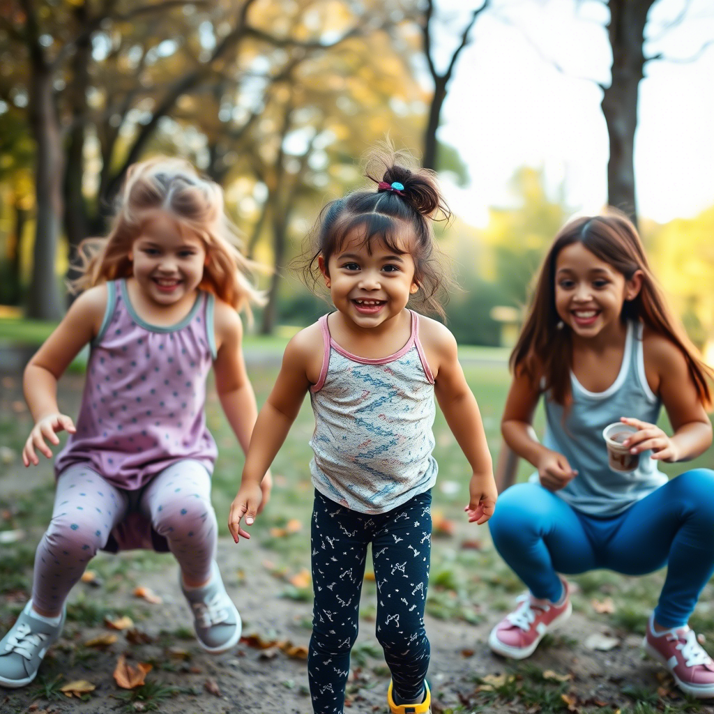 Cute kid in leggings and tops set, playing with friends in a park