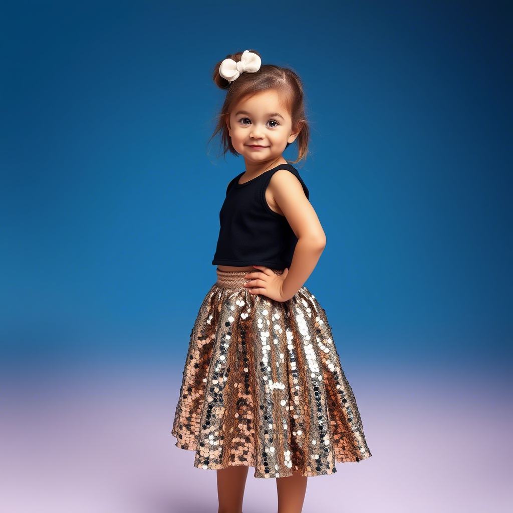 Cute kid in sequined skirt and top posing for a fashion photo shoot