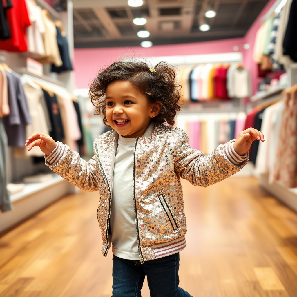 Cute kid in sparkly sequin jacket, twirling happily in a trendy clothing store
