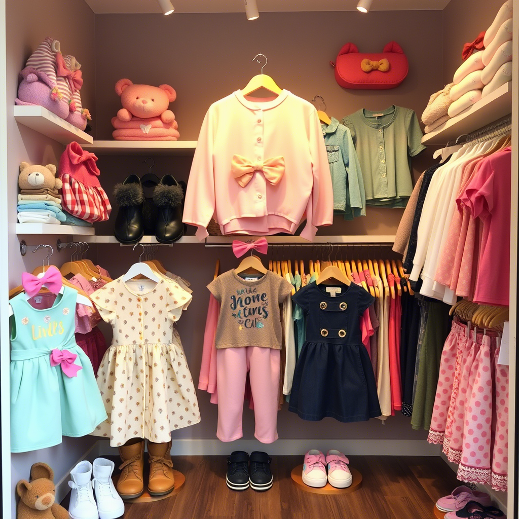 Cute kids’ apparel arranged neatly in a small boutique