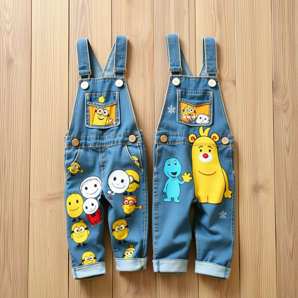 Cute kids denim overalls with playful cartoon character prints
