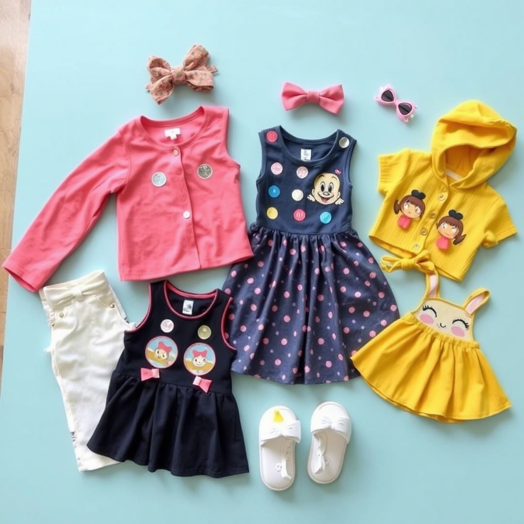 Cute kids’ fashion items laid out on a table for wholesale showcase