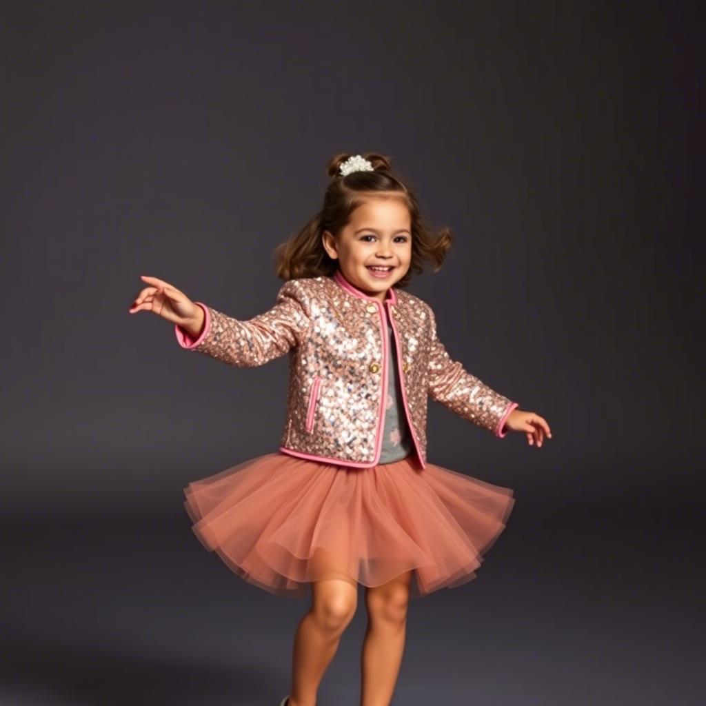 Cute kids girl in glittering sequin jacket and skirt twirling happily