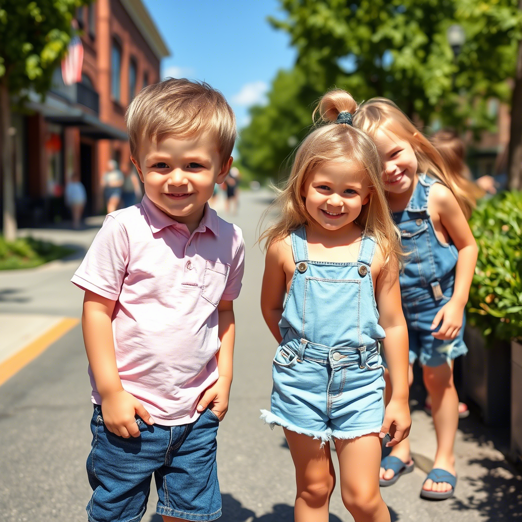 Cute kids in casual denim shorts and jeans on a sunny day