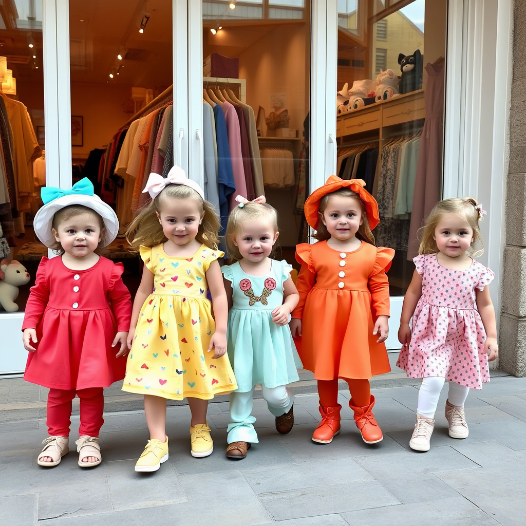 Cute kids in colorful outfits playing outside a boutique