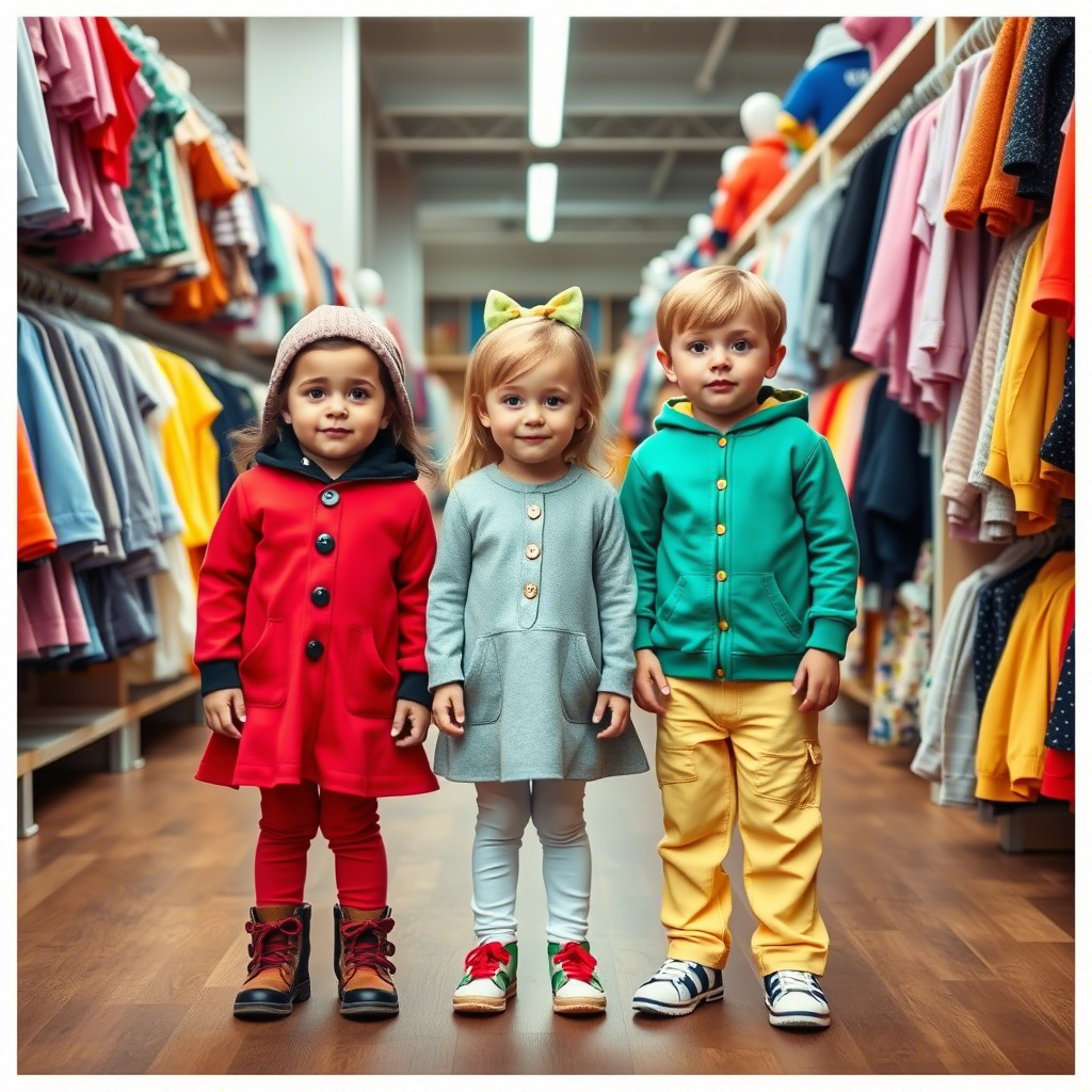 Cute kids in colorful outfits standing in a clothing warehouse
