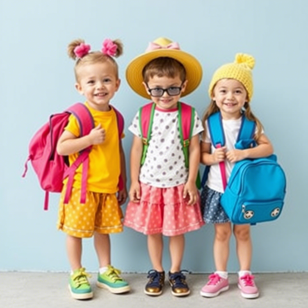 Cute kids in coordinated outfits with colorful backpacks and accessories