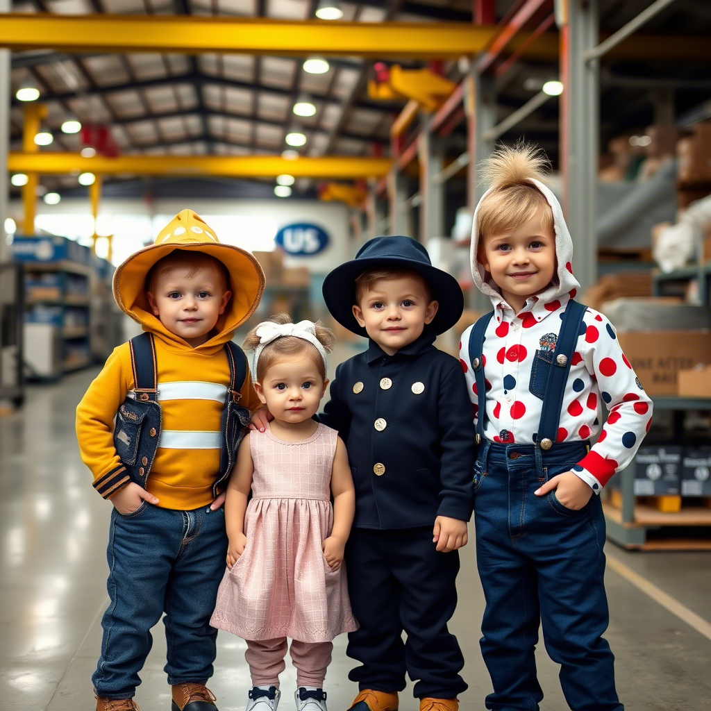 Cute kids in custom outfits standing in a US factory