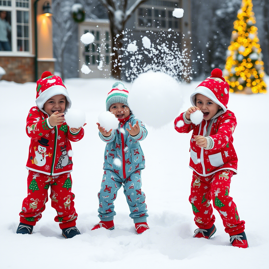 Cute kids in festive Christmas pajamas having a snowball fight