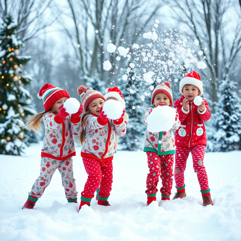 Cute kids in festive Christmas pajamas having a snowball fight