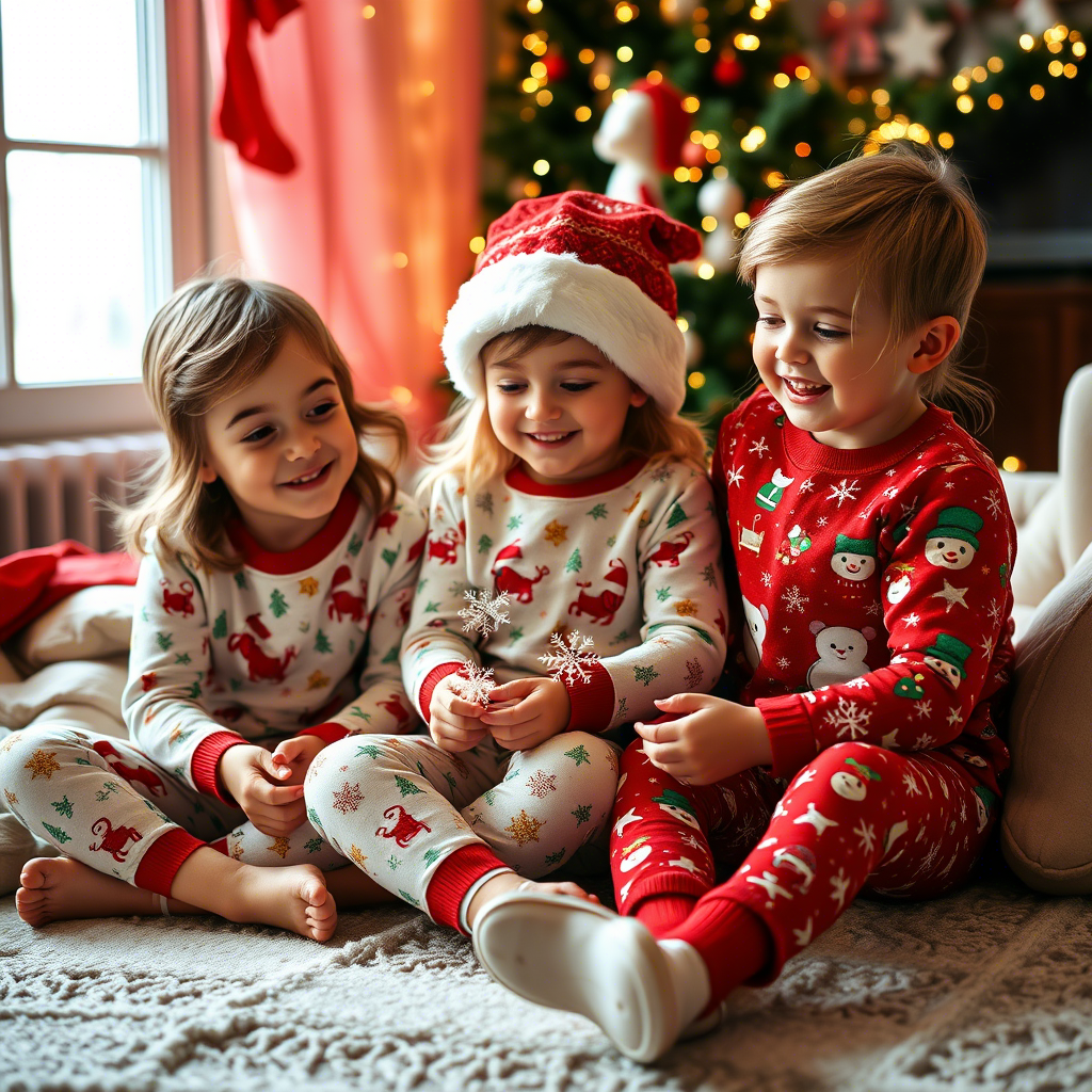 Cute kids in festive Christmas pajamas playing with snowflakes