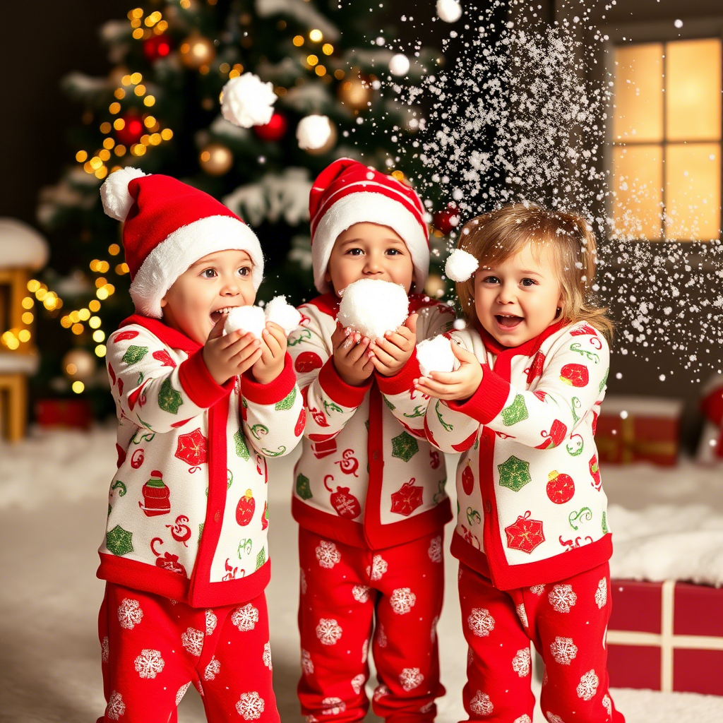 Cute kids in matching Christmas pajamas having a snowball fight