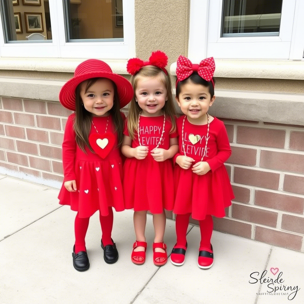 Cute kids in matching red outfits with Valentine’s Day accessories