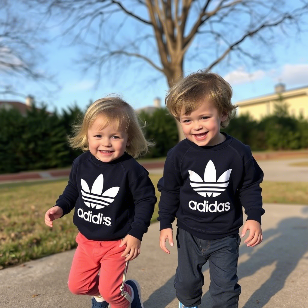 Cute kids in matching sweatshirts playing together outside