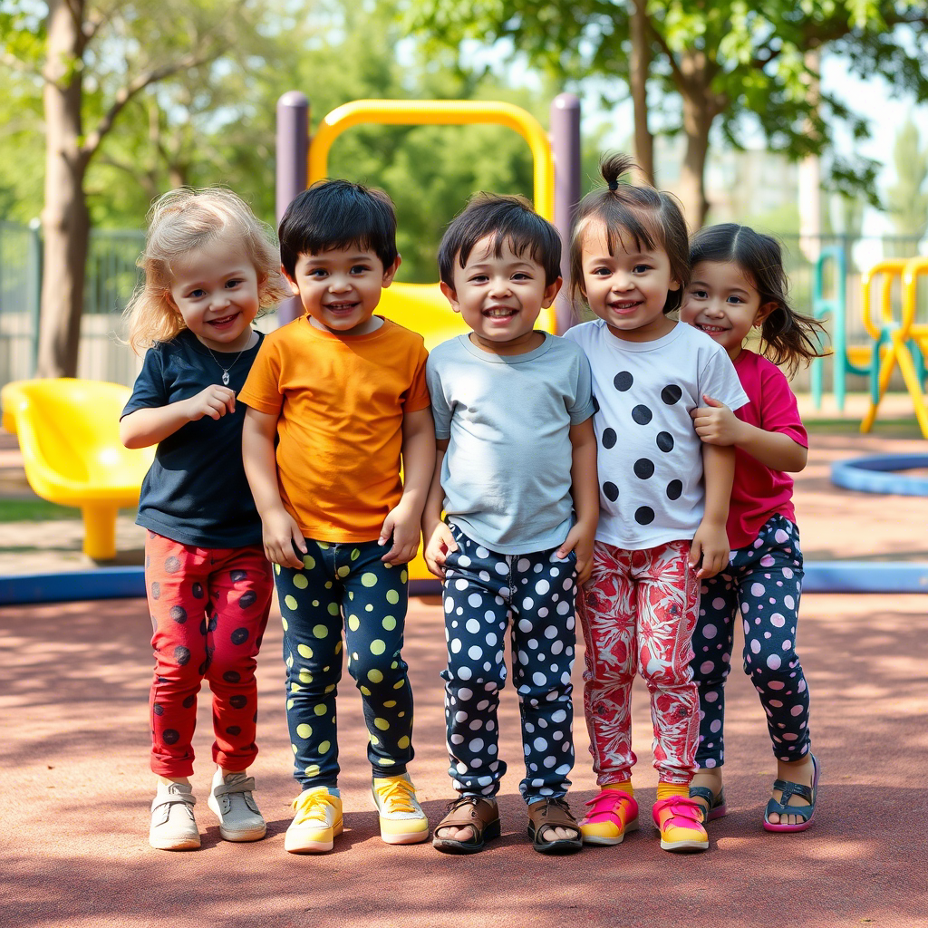 Cute kids in patterned pants having fun at the playground together