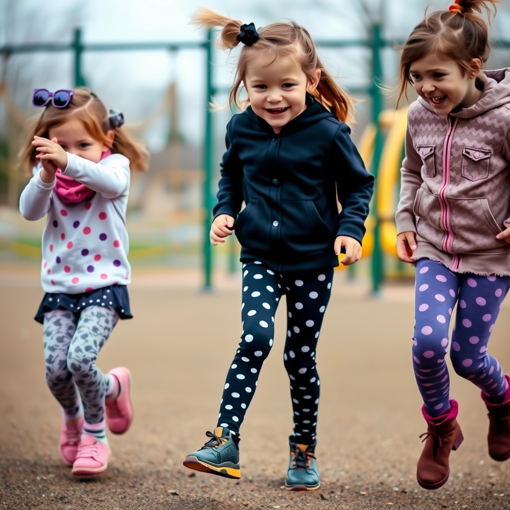 Cute kids in patterned tights and leggings, having fun at the playground