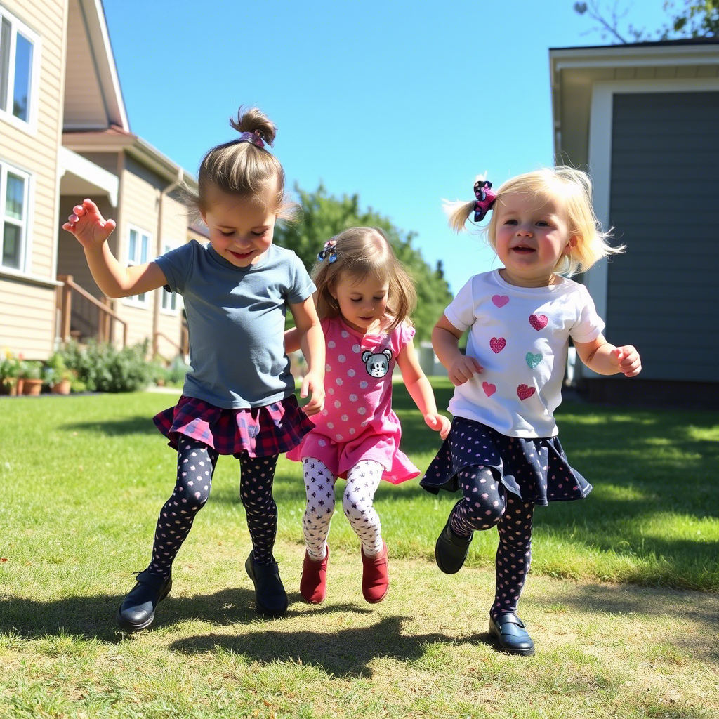 Cute kids in patterned tights playing outside on a sunny day