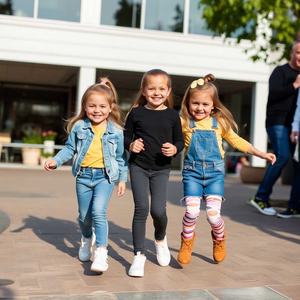 Cute kids in trendy jeans and leggings enjoying a fun day