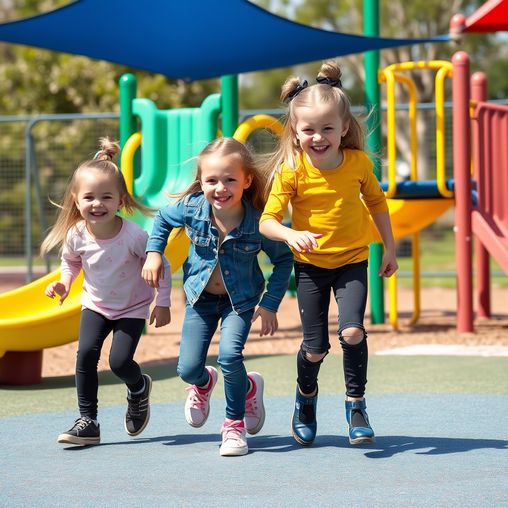 Cute kids in trendy jeans and leggings, having fun at a playground