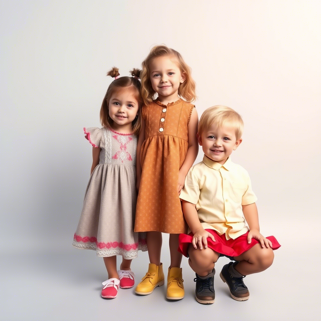 Cute kids modeling girls dresses and boys shirts in a studio