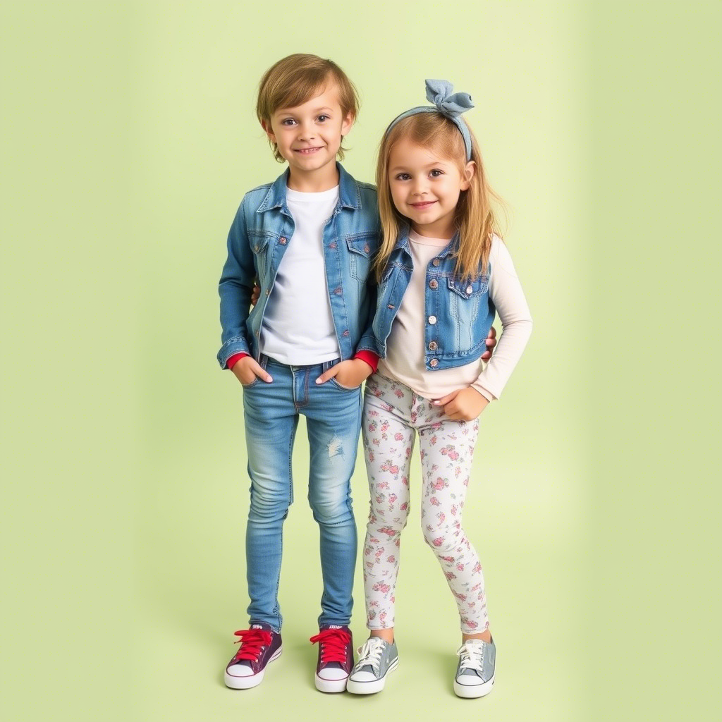 Cute kids modeling trendy jeans and leggings together