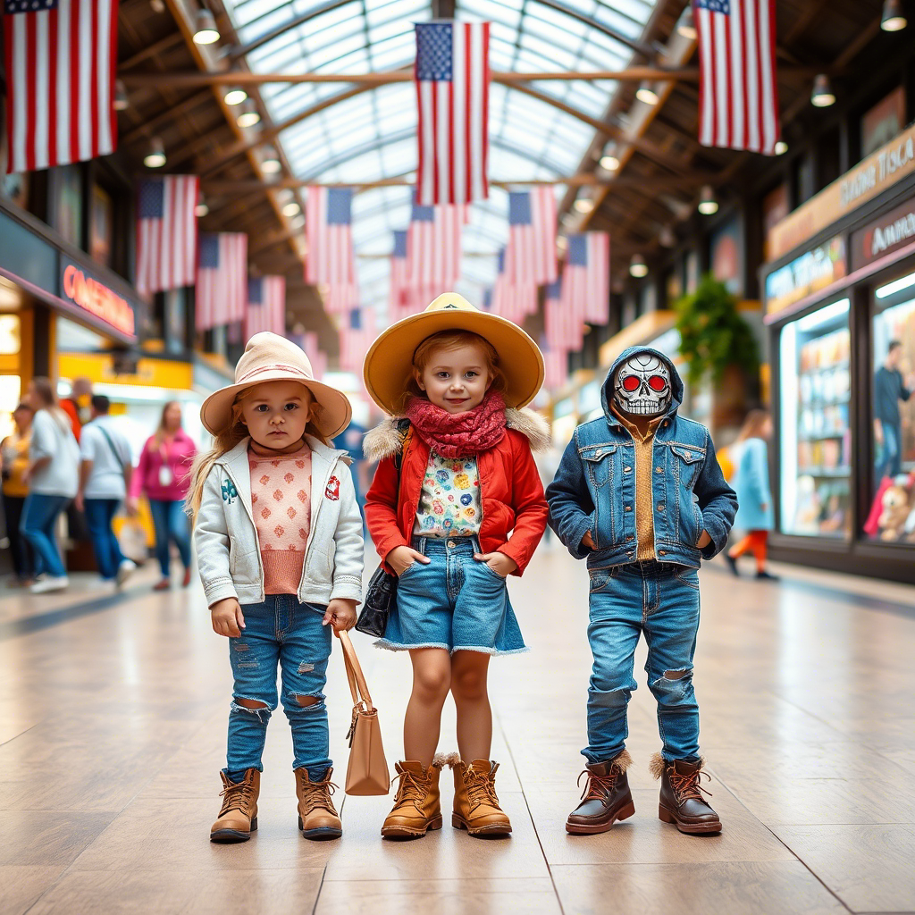 Cute kids modeling trendy outfits in a bustling American marketplace