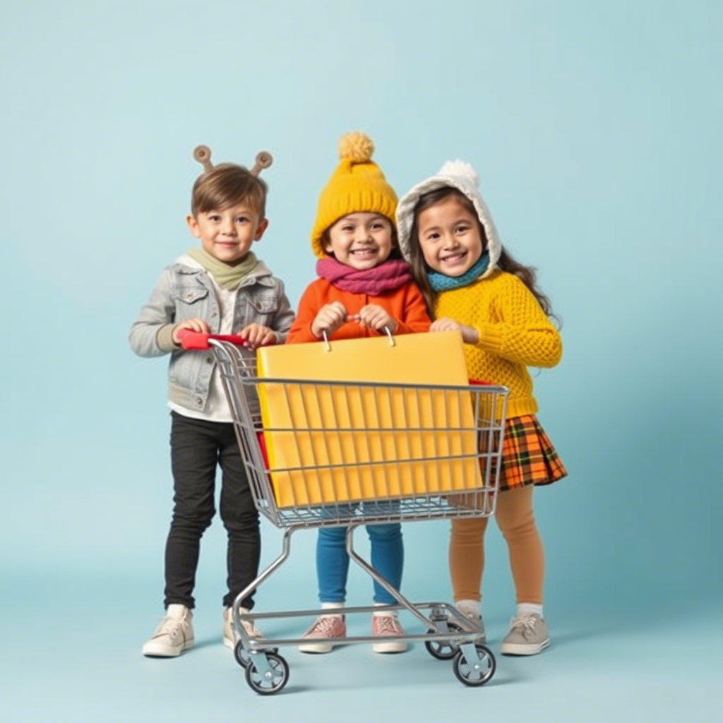 Cute kids modeling various outfits, with a large online shopping cart beside them