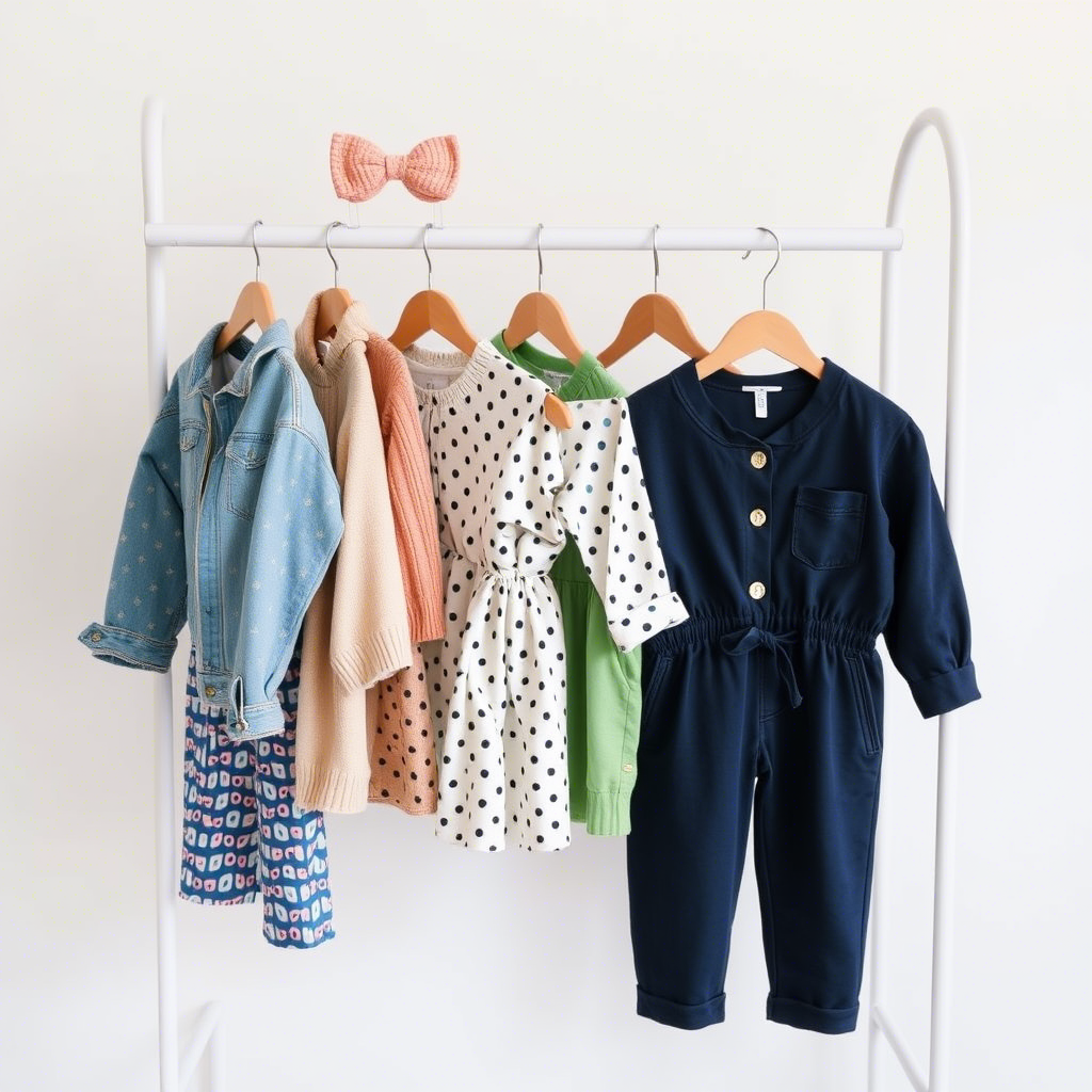 Cute kids’ outfits arranged on a minimalist wholesale clothing rack