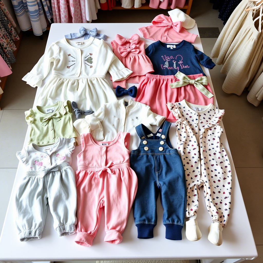 Cute kids outfits arranged on a table for wholesale distribution photography