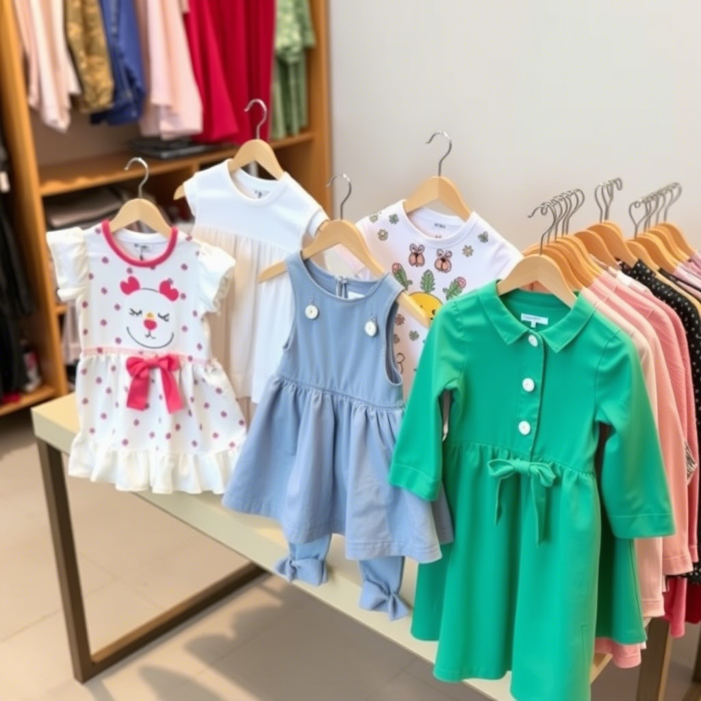 Cute kids’ outfits arranged on a wholesale clothing table display