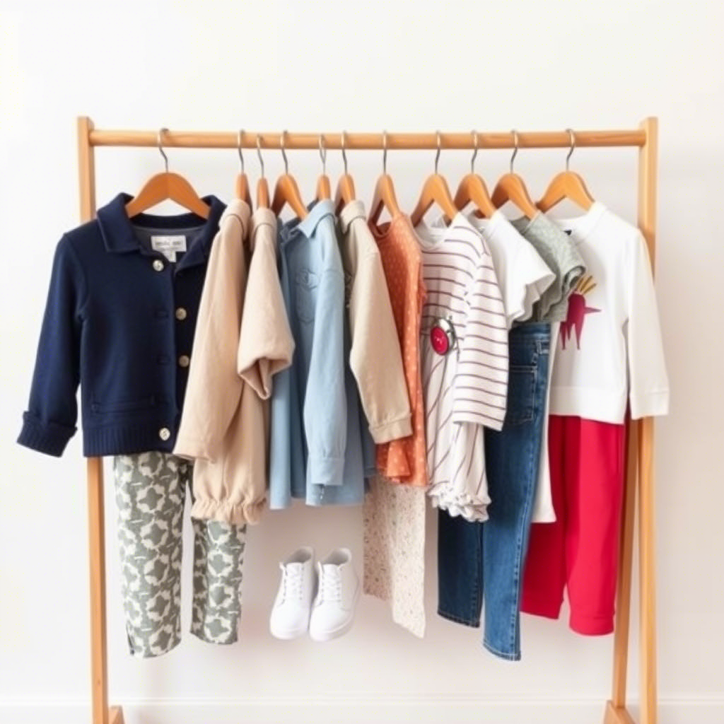 Cute kids outfits arranged on a wooden clothing rack