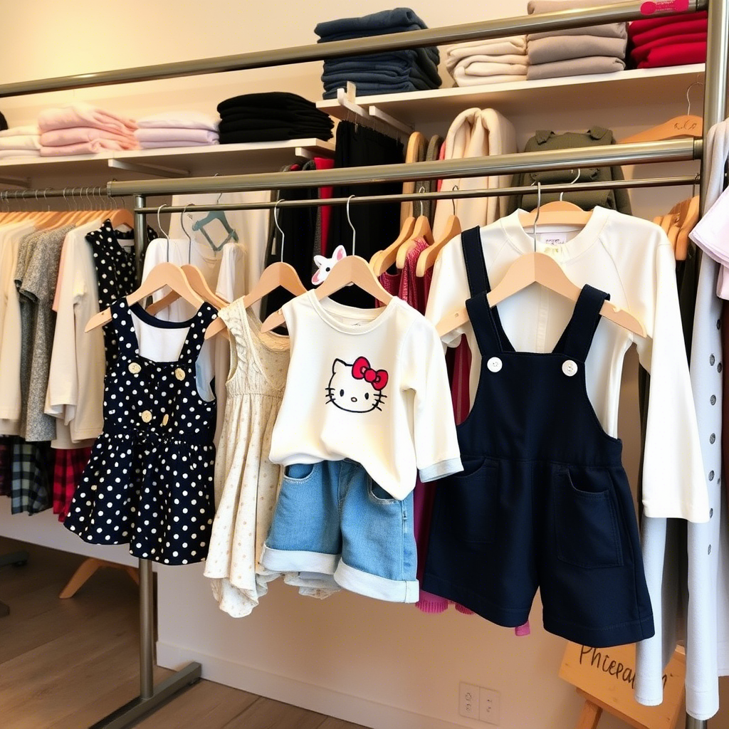 Cute kids’ outfits hanging in a trendy clothing boutique