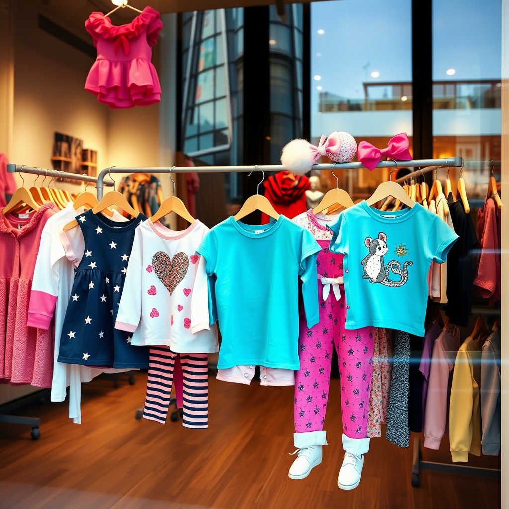 Cute kids’ outfits hanging in a trendy clothing store window