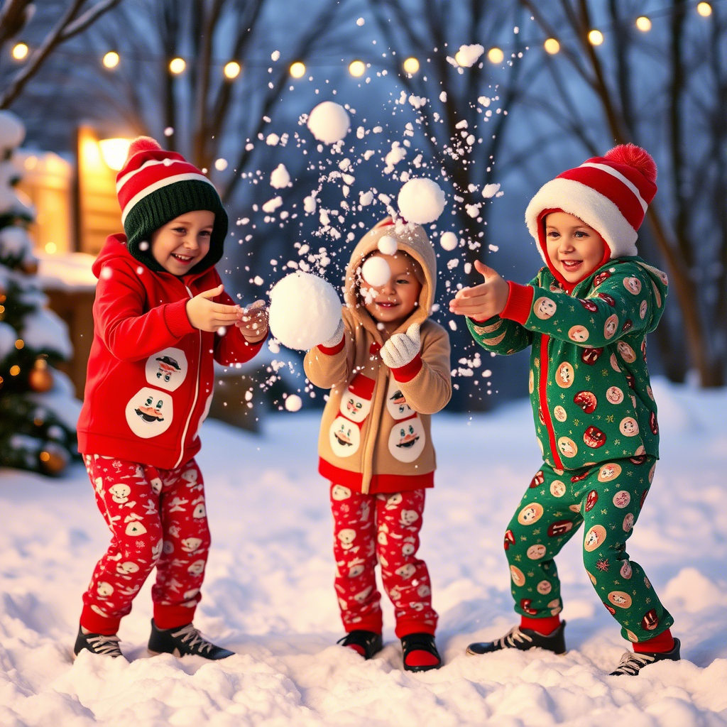 Cute kids wearing Christmas pajamas having a snowball fight