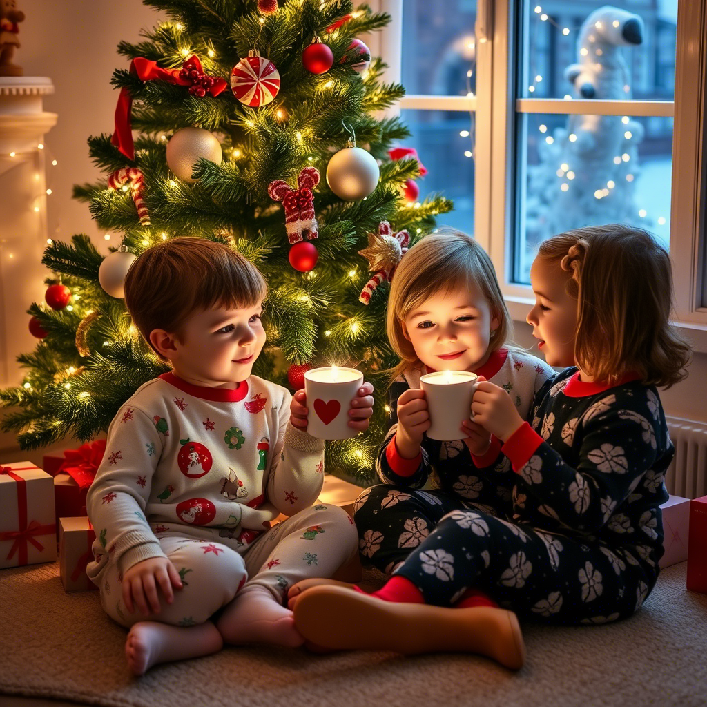 Cute kids wearing Christmas pajamas, having hot chocolate by the tree