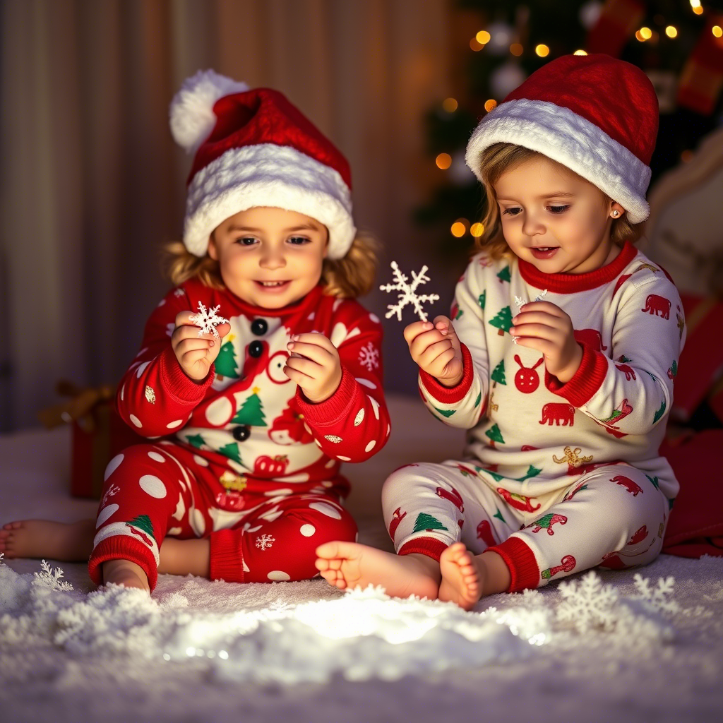 Cute kids wearing Christmas pajamas, playing with snowflakes