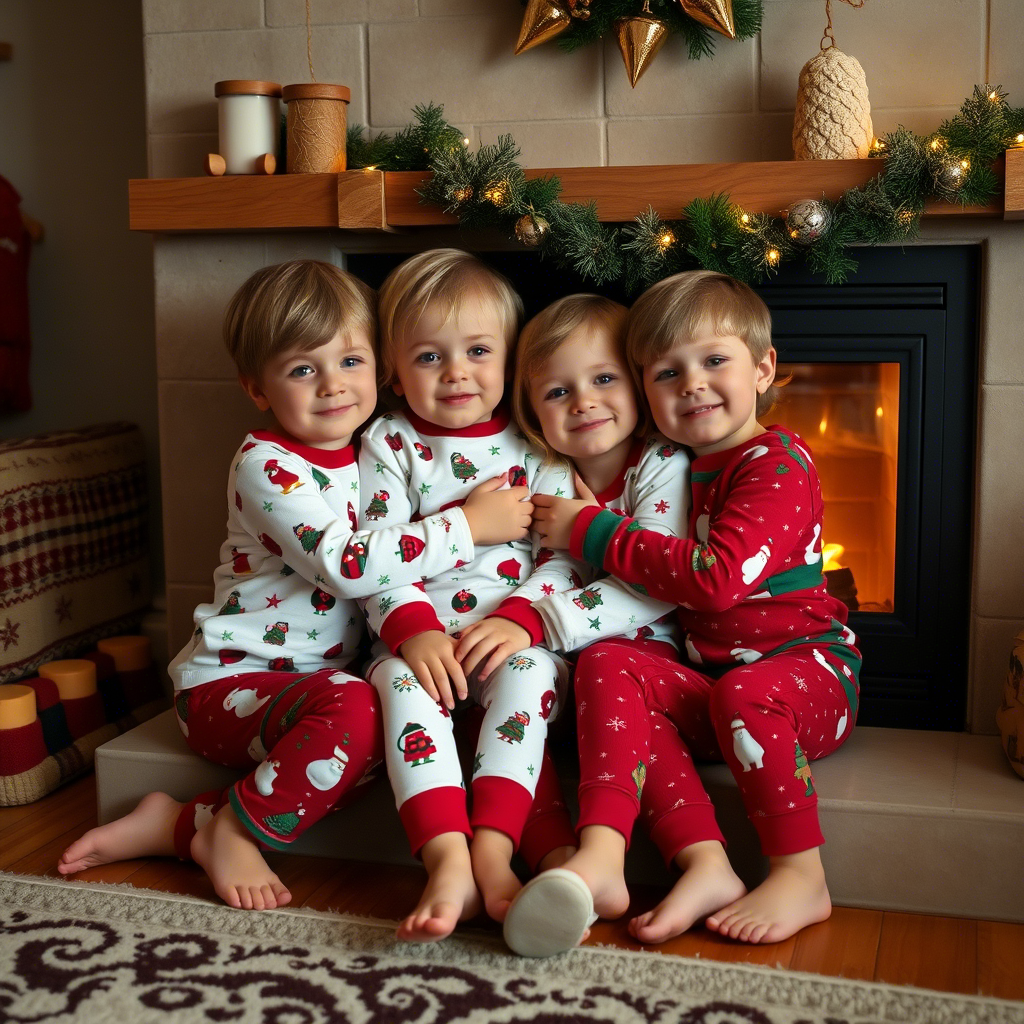 Cute kids wearing Christmas pajamas, snuggling by the fireplace