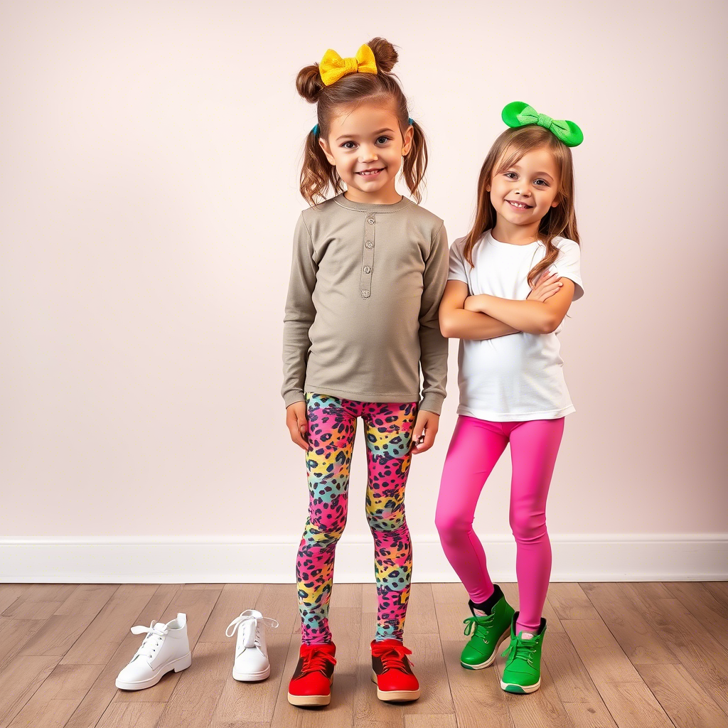 Cute kids wearing colorful leggings and tights, posing for a fashion brand photo shoot