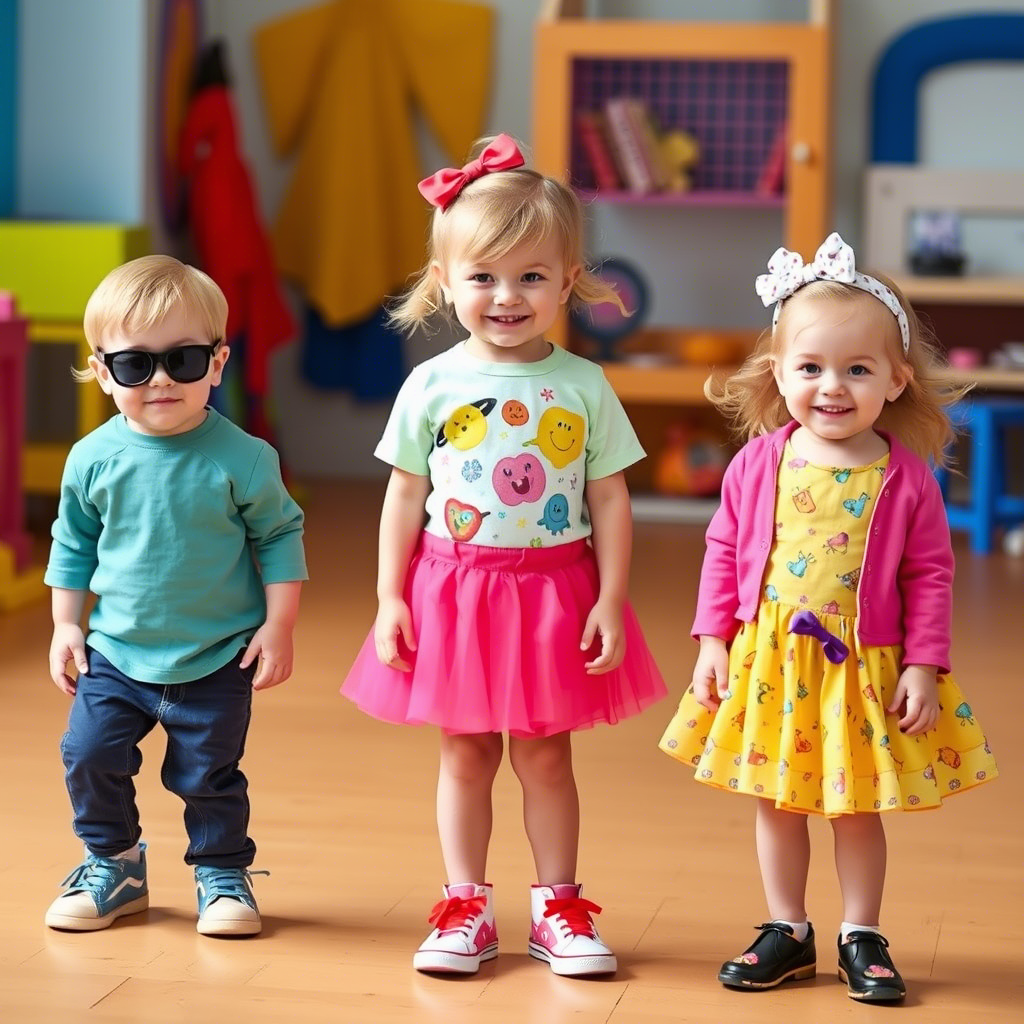 Cute kids wearing colorful outfits in a playful setting