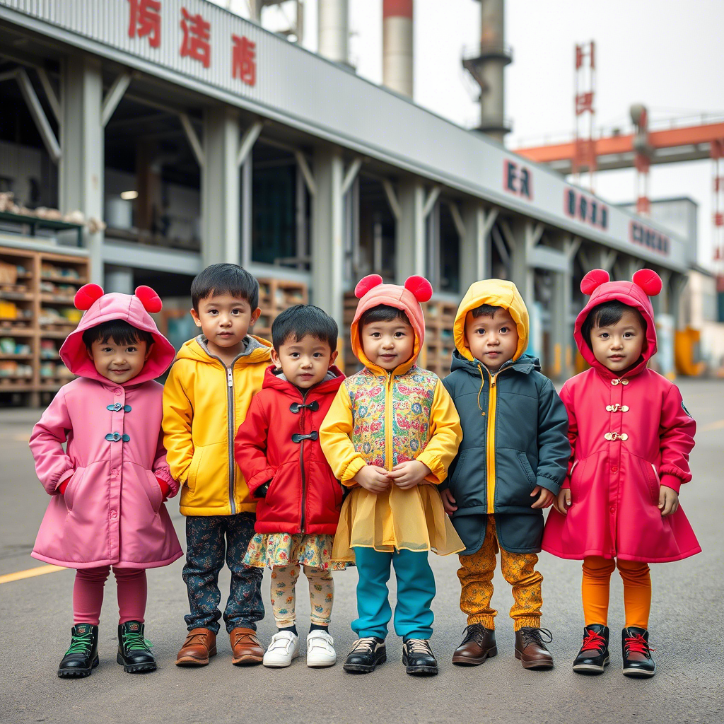 Cute kids wearing colorful outfits standing in front of a Chinese factory