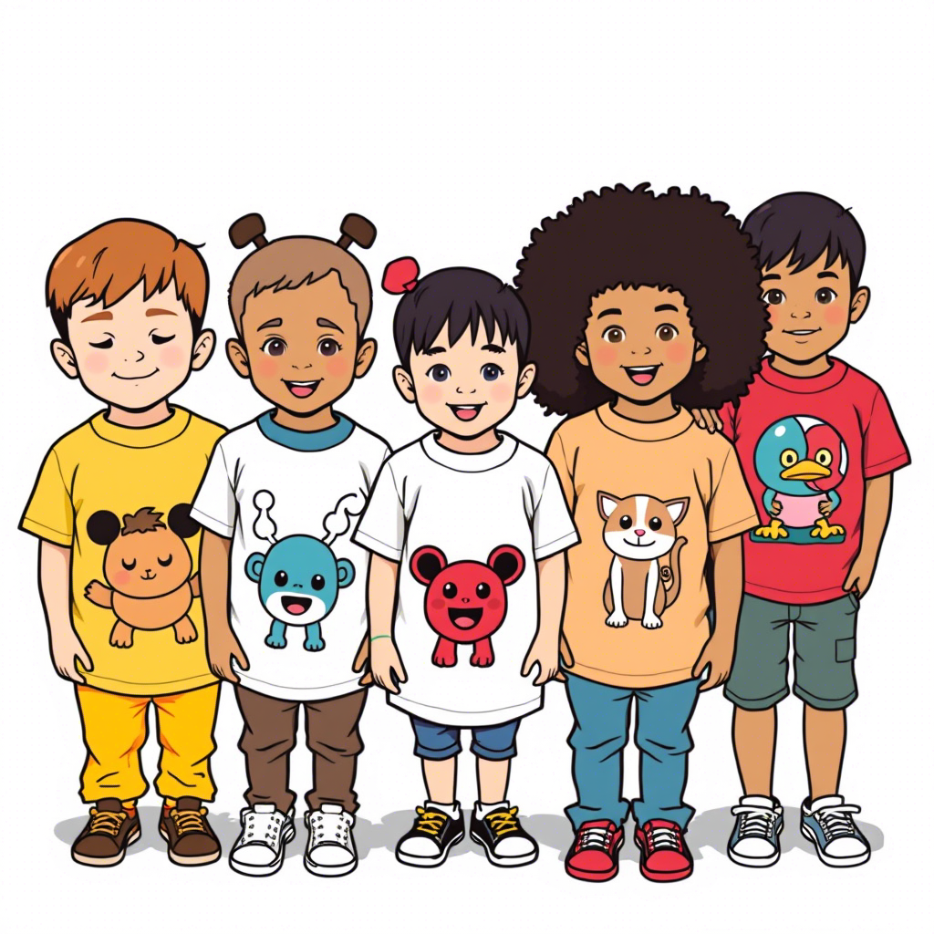 Cute kids wearing custom t-shirts with fun cartoon designs